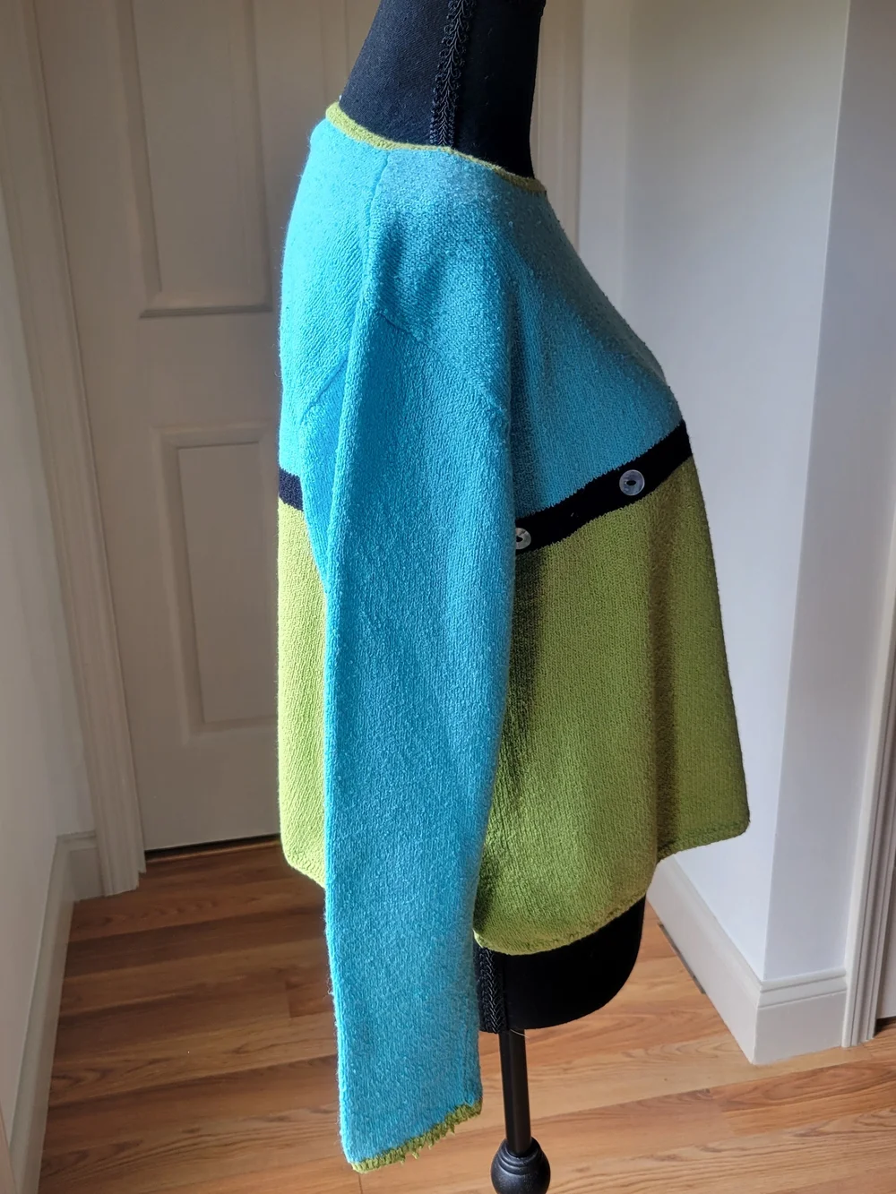 Vintage Colorblock Knit Pullover Sweater Aqua Blue Lime Green Button Accent M